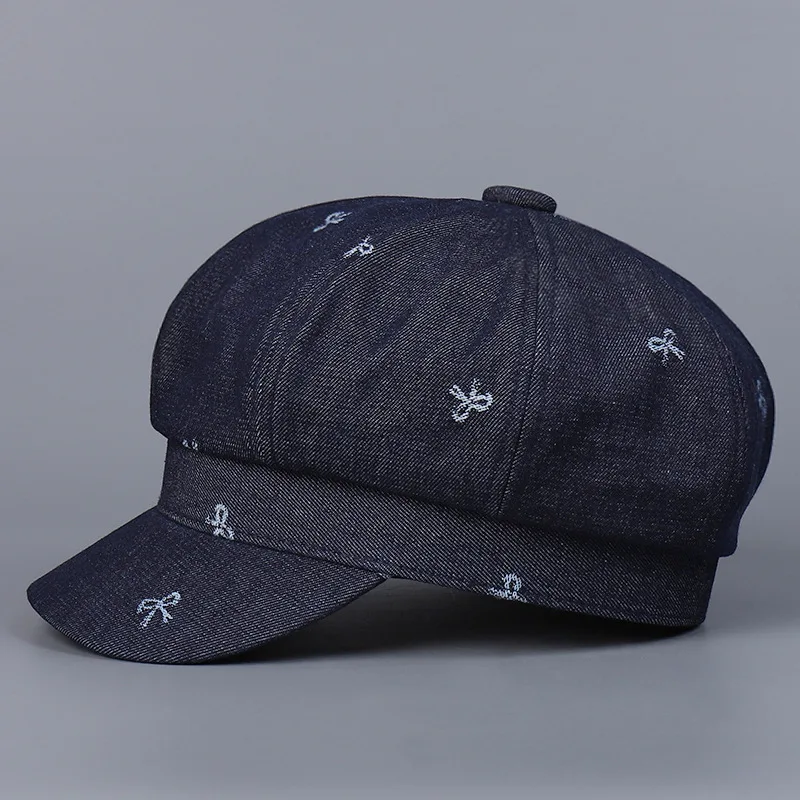 Hat Denim Jeans Women Blue Bows Pattern Cap Spring Autumn Accessory For Outdoor Holiday Painter