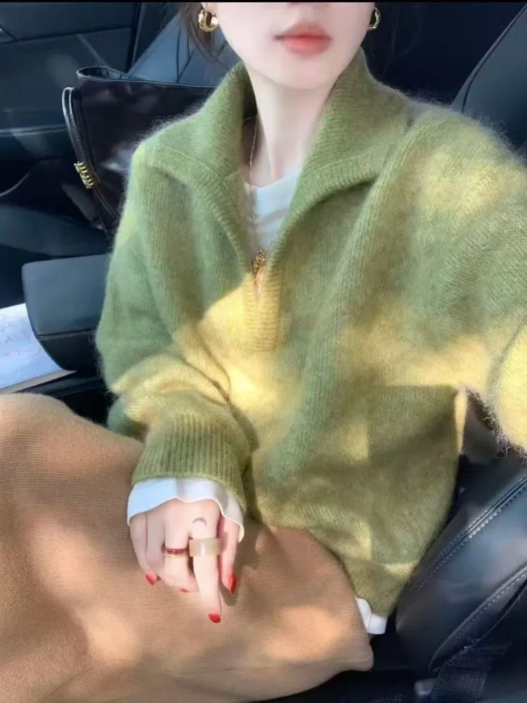 

Korean Style Lazy Style Pullover Sweater Women Autumn And Winter New Retro Green Loose And Versatile Elegant Knit Top