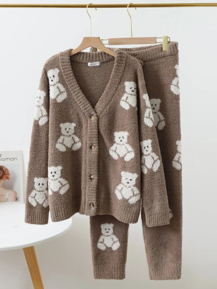 Japanese Kawaii Soft Comfortable Pajama Sets Cute Bear Full Print Long Sleeve Trousers Homewear Suit Fall Winter Loose Sleepwear