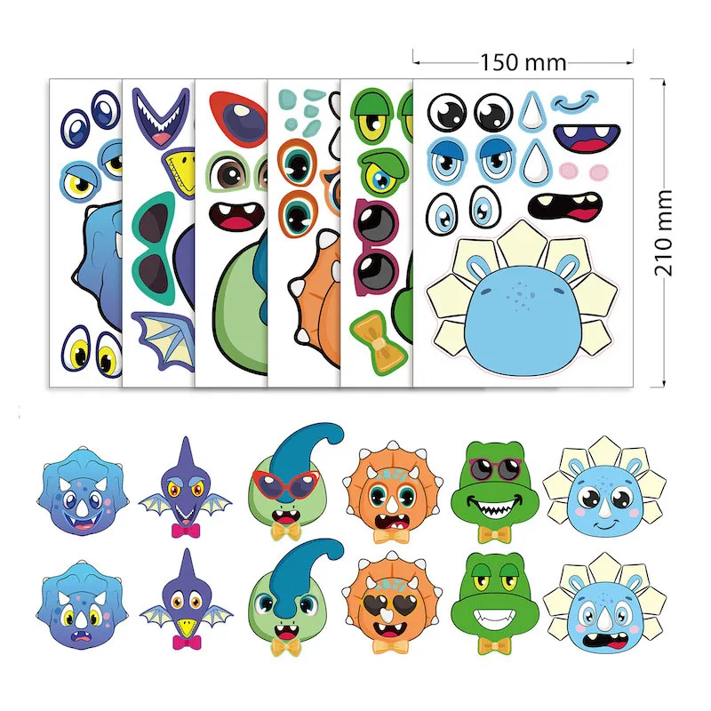 6-24sheets Make Your Own Dinosaur Sticker for Kids DIY Project Dinosaur Make a Face Stickers Children Party Favor Puzzle Toys