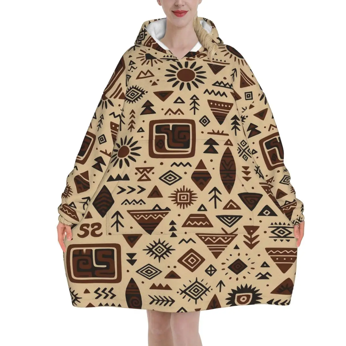 Southwestern Aztec Tribal Wearable Blanket Hoodie for Women Men Oversized Sweatshirt Blanket with Pocket