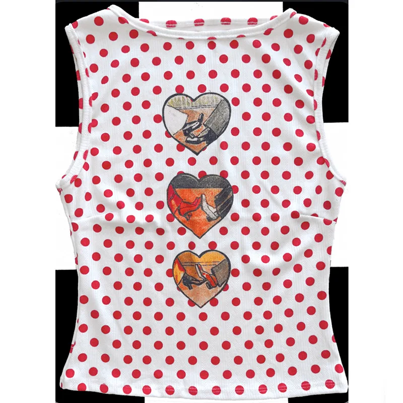 Retro Vest White Background Red Polka Dot Love Print Sleeveless Slim Fit for American and French Women