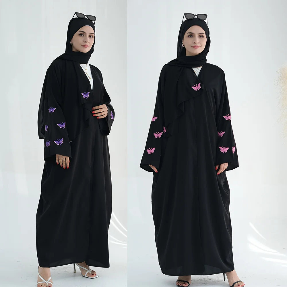 Nida Black Abaya Dubai Open Abayas Women Muslim Kimono Cardigan with Embroidery Butterfly Modest Coat Islam Clothing