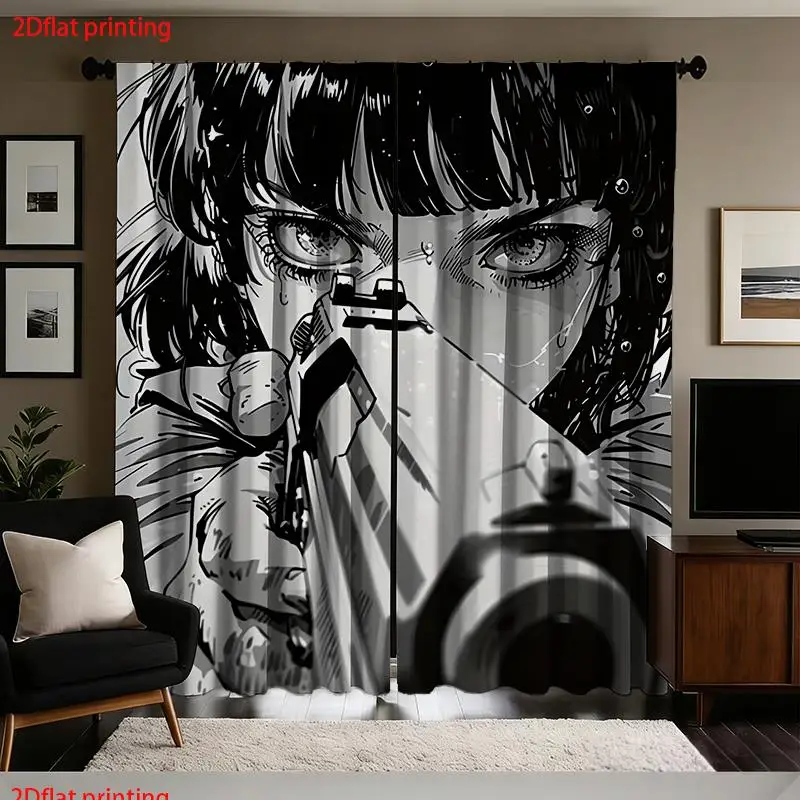 Pair Printed Pop Art Graphic Comic Black White Woman Face Curtain 2pcs Modern Living Room Bedroom Window Decor Curtain Panel