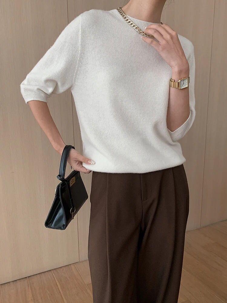 [LANMREM] Minimalism Knitting Pullover Sweater For Wormn Solid Round Neck Three Quarter Fit Female Top 2024 Autumn New 26C134