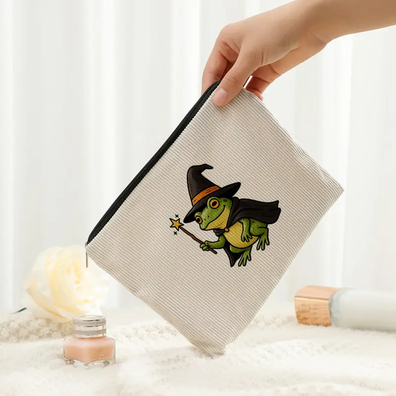 Halloween Cute Wizard Frog Print Corduroy Cosmetic Bag Witch Frog Zipper Pouch Travel Makeup Toiletry Storage Gift for Women