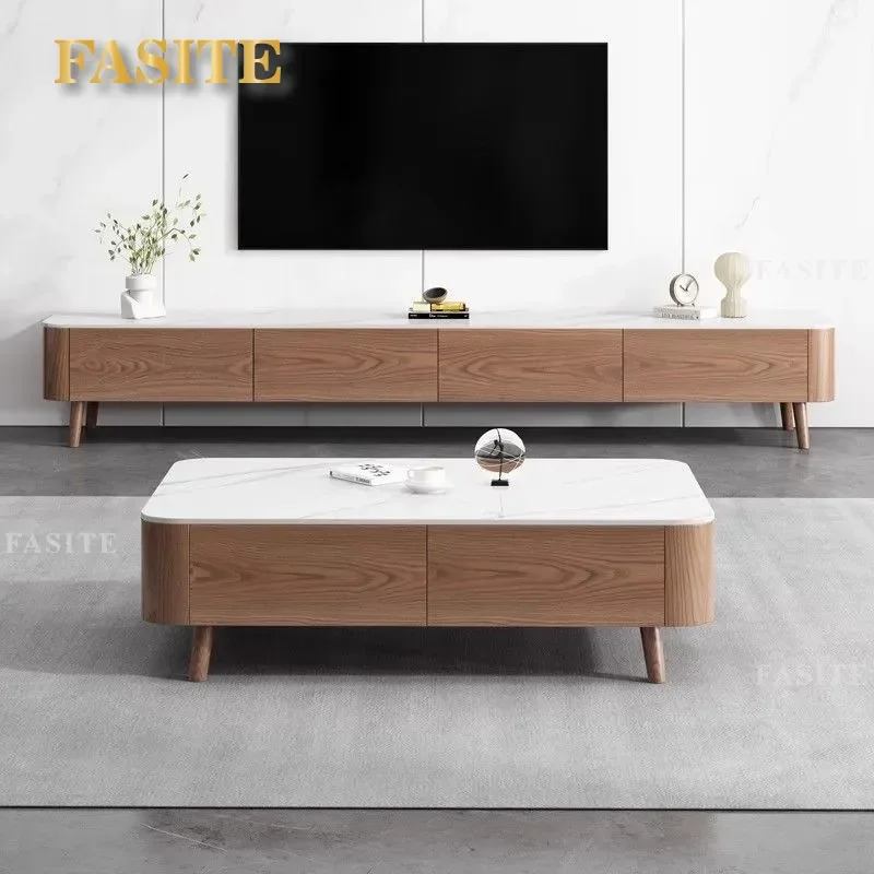 For Living Room Nordic Style Slate Walnut TV Cabinet and Coffee Table Combo Modern Simple Floor to Ceiling High Footed