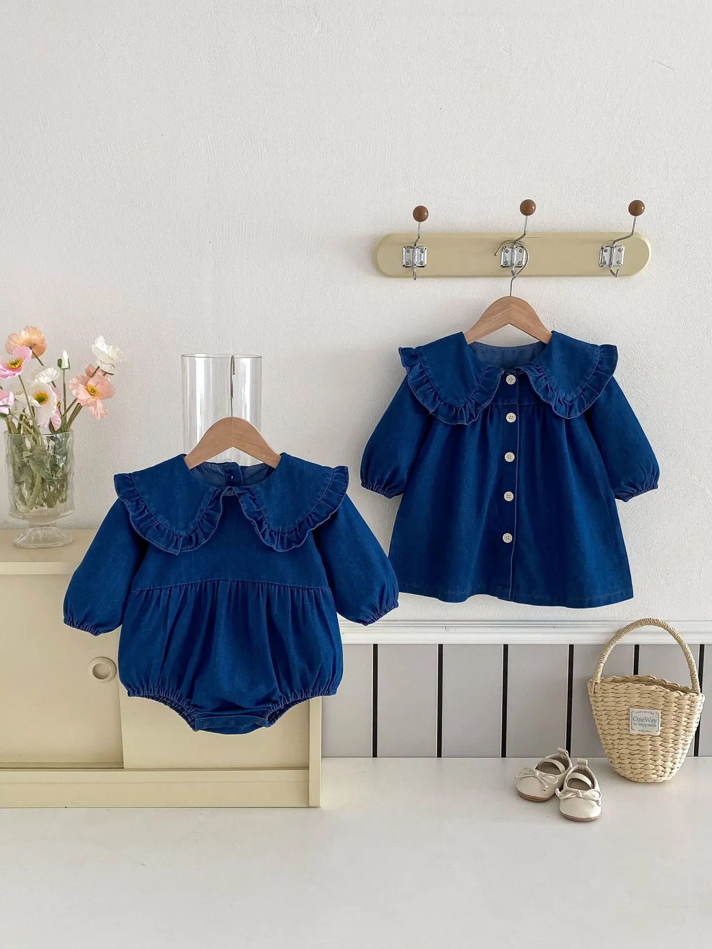 2025 New Spring Autumn Fashion Baby Children Clothes Girls Cotton Peter Pan Collar Long Sleeve Dress Toddler Kids Denim Dresses