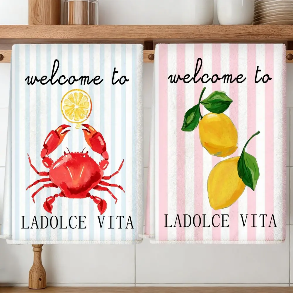 Cleaning Cloth 2PCS Kitchen Towels, Home Cleaning Products Crab Lemon Stripes Welcome Sweet Life Pattern Printed Kitchen Towels