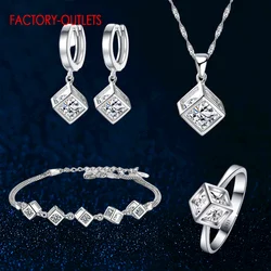 Hot Genuine 925 Sterling Silver Jewelry Sets Top Quality Cube Pendant Necklace Earring Bracelet Ring For Girls Beautiful Trendy