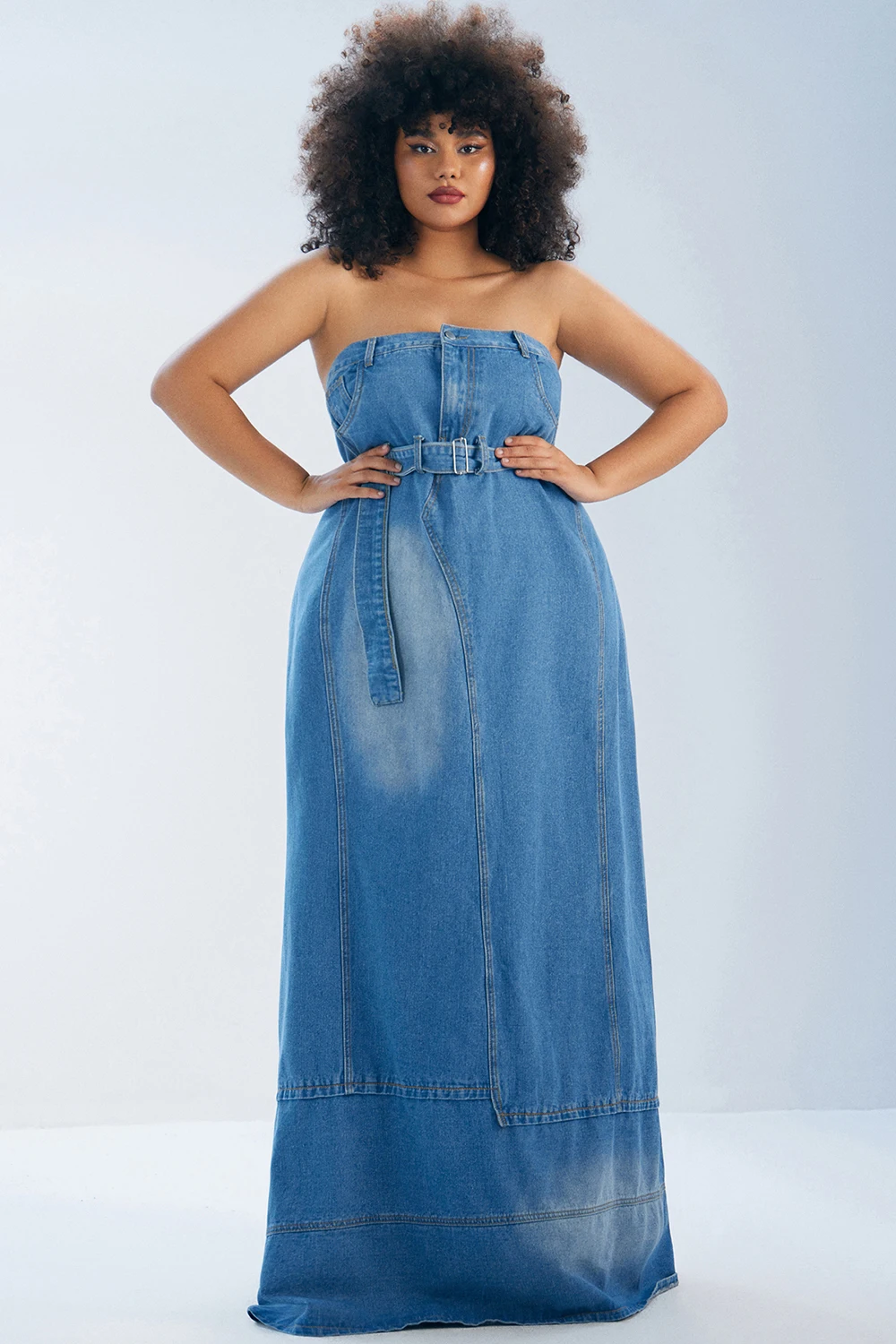 

Denim Plus Size Maxi Dresses Summer Strapless Asymmetric Hem Backless Elegant Vintage High Street Casual Jeans Dress with Blet