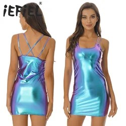 Women Sexy Metallic Sheath Dress Patent Leather Female Fashion Crisscross Back Spaghetti Strap Bodycon Dresses Clubwear Costume