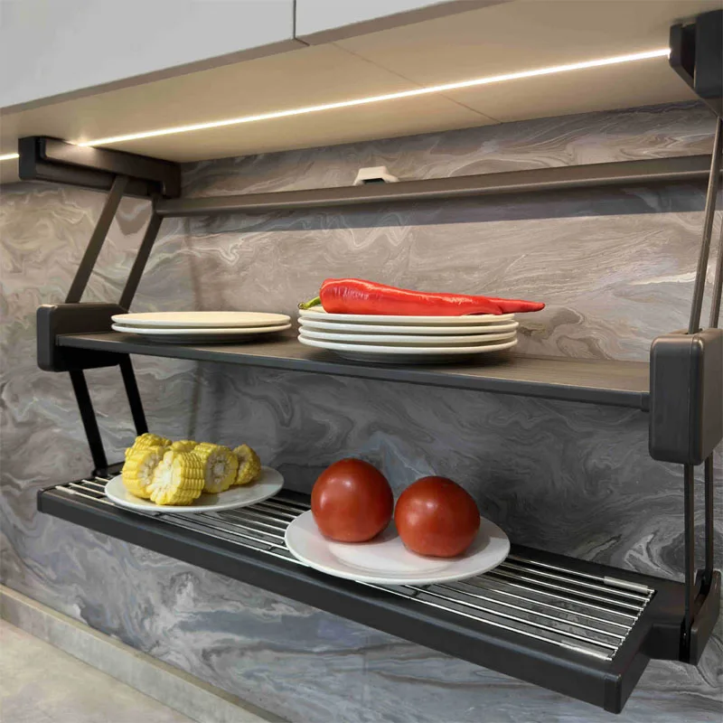 رف تخزين حديث قابل للطي مكون من طبقتين، جهاز تخزين أدوات المائدة التلسكوبي القابل للسحب