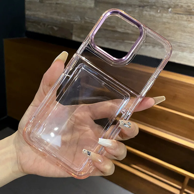 Transparent Flip Slot Card Wallet Holder Stand Case For iPhone 16 14 Pro Max 15 Plus 11 12 13 Shockproof Acrylic Hard Back Cover