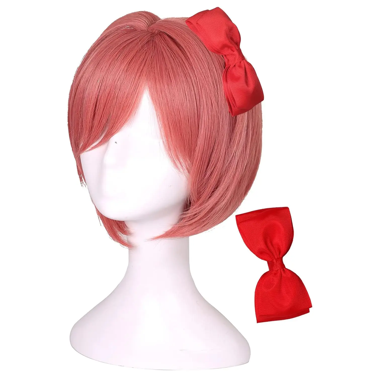 Sayori Wig with Bowknot Short Coral Pink Cosplay Wig for Girls and Women Game DDLC Doki Doki Literature Club Natsuki Wigs