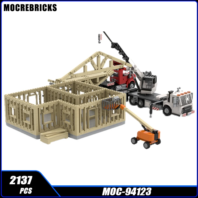 Stedelijke Architectuur Serie Onafgemaakte Huis Truck Kraan Assemblage MOC-94123 Bouwstenen Diy Model Hout Collectie Baksteen Speelgoed