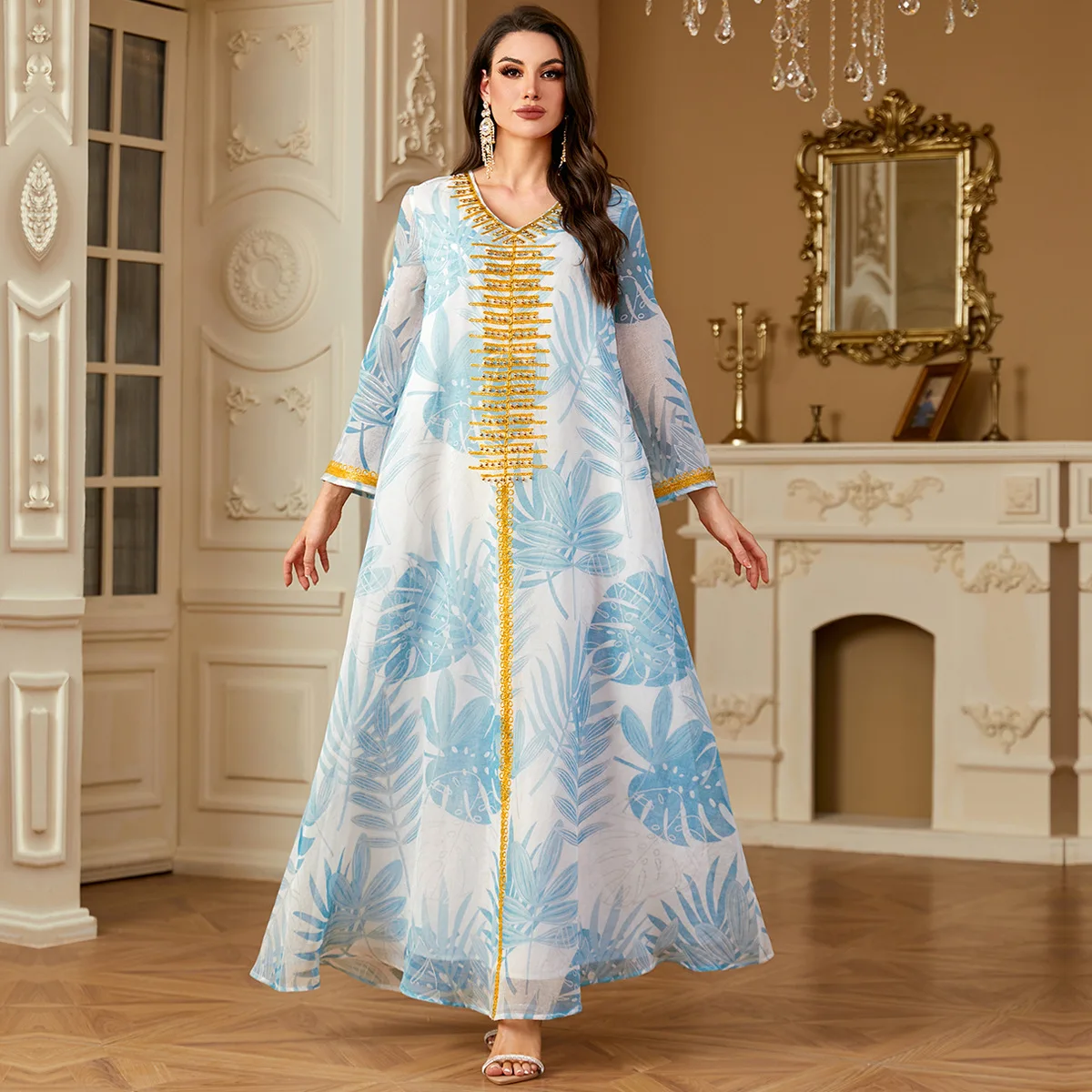 

Women's Casual Trendy Elegant Loose V-neck Long Sleeve Embroidery Printed Dresses Middle East Muslim New Fashion Female Abaya