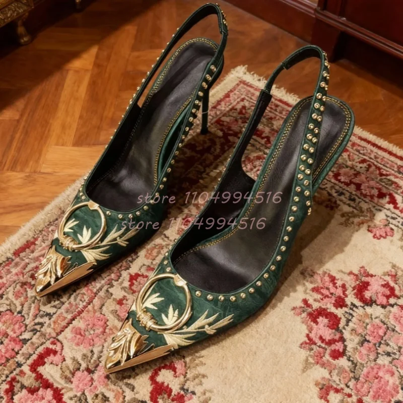 

Blue Suede Metal Ring Pointed Thin High Heels Women Yellow Embroidery Rivets Slip On Pumps Luxury Fashion Party Ladies Shoes New