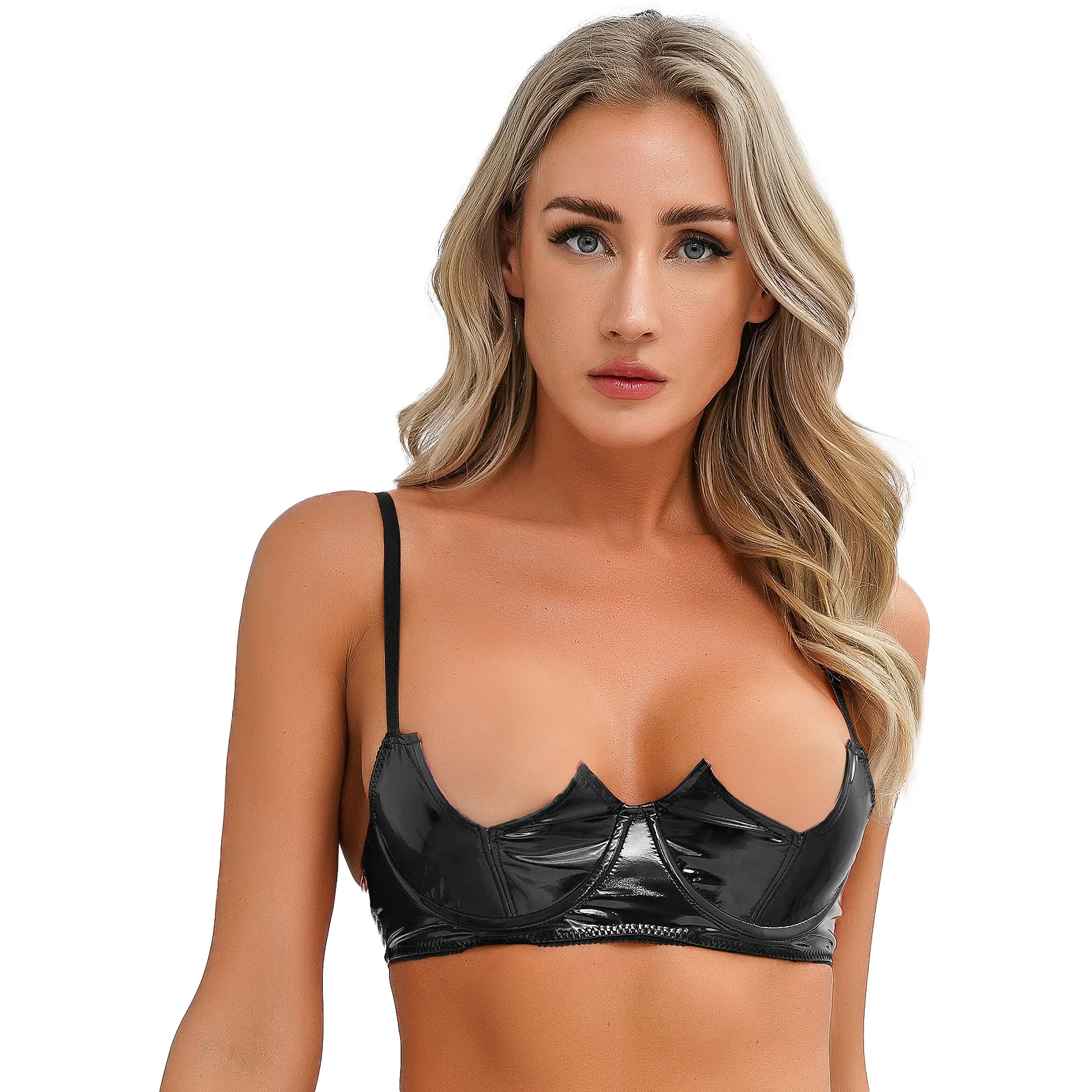 Womens Underwired Bra Tops V-Notch Wet Look Patent Leather Bra Lingerie Underwear Sexy Ultra-Thin Bralette Deep V Bra Brassiere