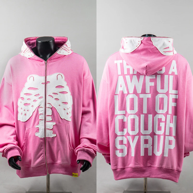 2026 New Arrival THAT'S A AWFUL LOT OF COUGH SYRUP Men Women Full Zip Hoodie Solid Pink Skeleton Bone Patch Street Hooded Top