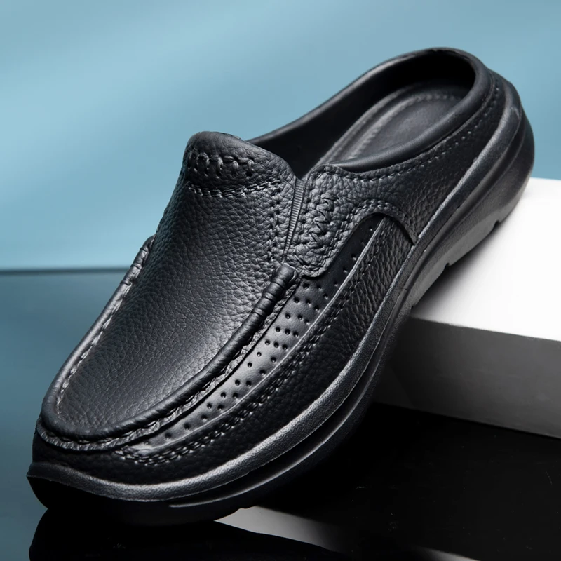 Summer slippers garden clogs waterproof and non-slip chef shoes light plus size comfortable black leather shoes outdoor slippers