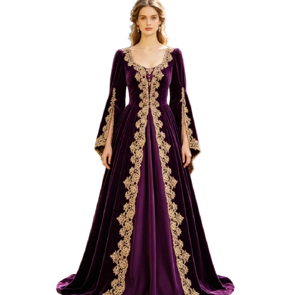 Dark Purple Velvet Medieval Evening Gowns Renaissance A Line Long Sleeve Noble Rococo Prom Dresses 2026 Vintage Celtic Tudor