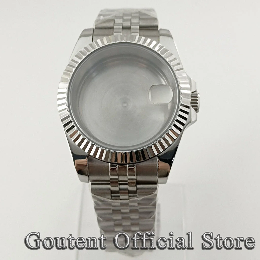 Goutent 36/39mm Silver Fluted Bezel Watch Case Sapphire Glass Sliding Lock Bracelet Fit NH35 NH36 PT5000 Watch Mod Parts