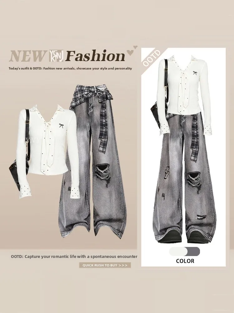 

Sweet Cool Lazy Wave Long Sve Denim Jeans Set Women Spring Anti Aging Faion Street Sle Two Piece Set High Waist T-irt