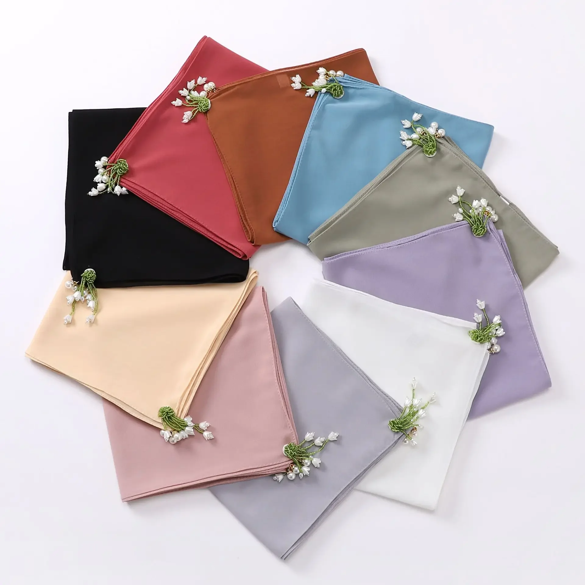 Tulip Diamond Pearl Chiffon Square Scarf 90*90cm Women Muslim Hijab Headscarf Bandanas Headband Kerchief Bufanda Turbante Mujer