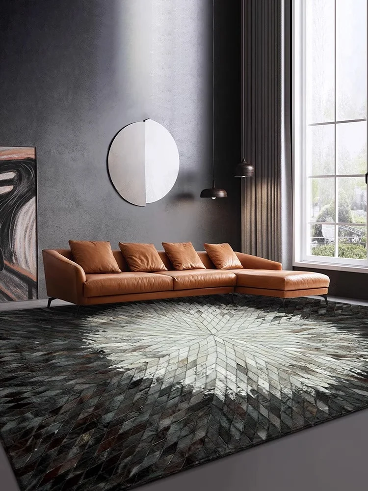 Modern Minimalist Black Genuine Cowhide Living Room Carpet Decor Real Calfskin Handmade Stitching Carpets Home Bedroom Rug Mat