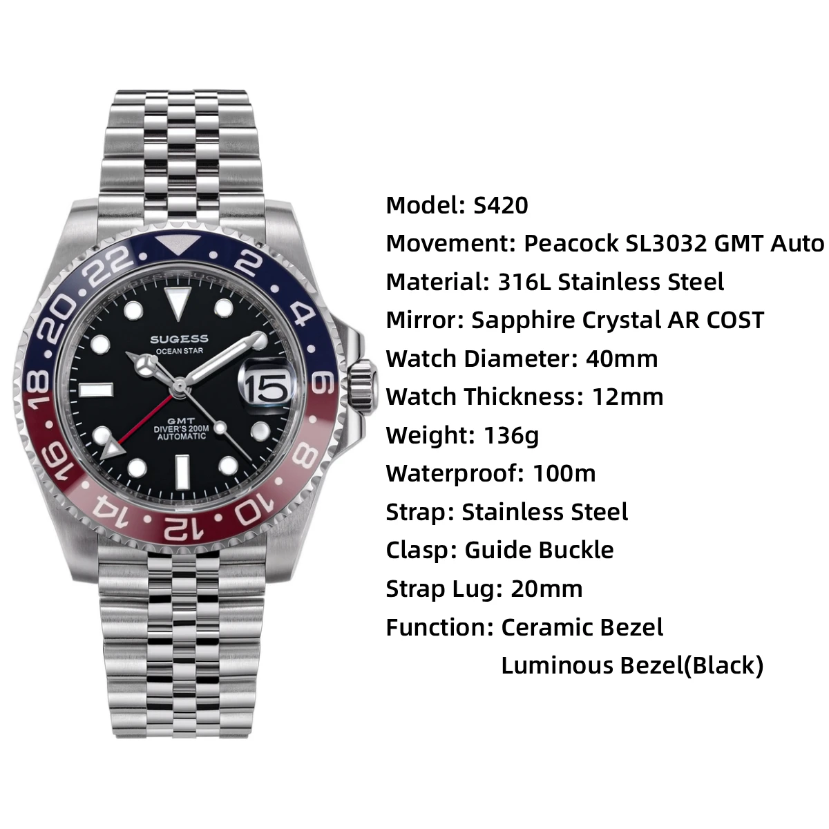 Sugess GMT Diving Watch of Men Automatic Mechanical Waterproof Wristwatches Peacock SL3032 Movement Ceramic Bezel Jubille Band - view 6