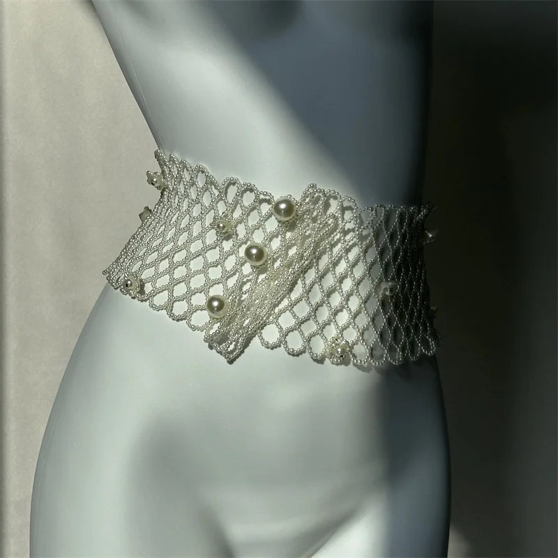 

Elegant Women Flower Pearl Waist Belt Elastic Chain Belt For Female Girls Dress
