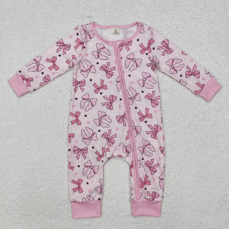 

Hot selling baby girls romper wholesale pink bow pattern zipper long sleeve onesie