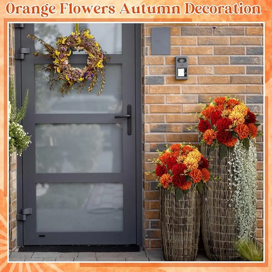 12 قطعة من زهور الخريف الاصطناعية فخاخ صناعي زهور برتقالية محروقة متنوعة من الحرير المزيف باقة أقحوان الخريف القطيفة لـ V #6