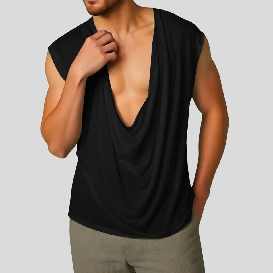 Men's Hot Sale Solid Color Sleeveless Sports V-Neck Bottom Shirt Wide Shoulder Solid Color Swinging Neck Vest