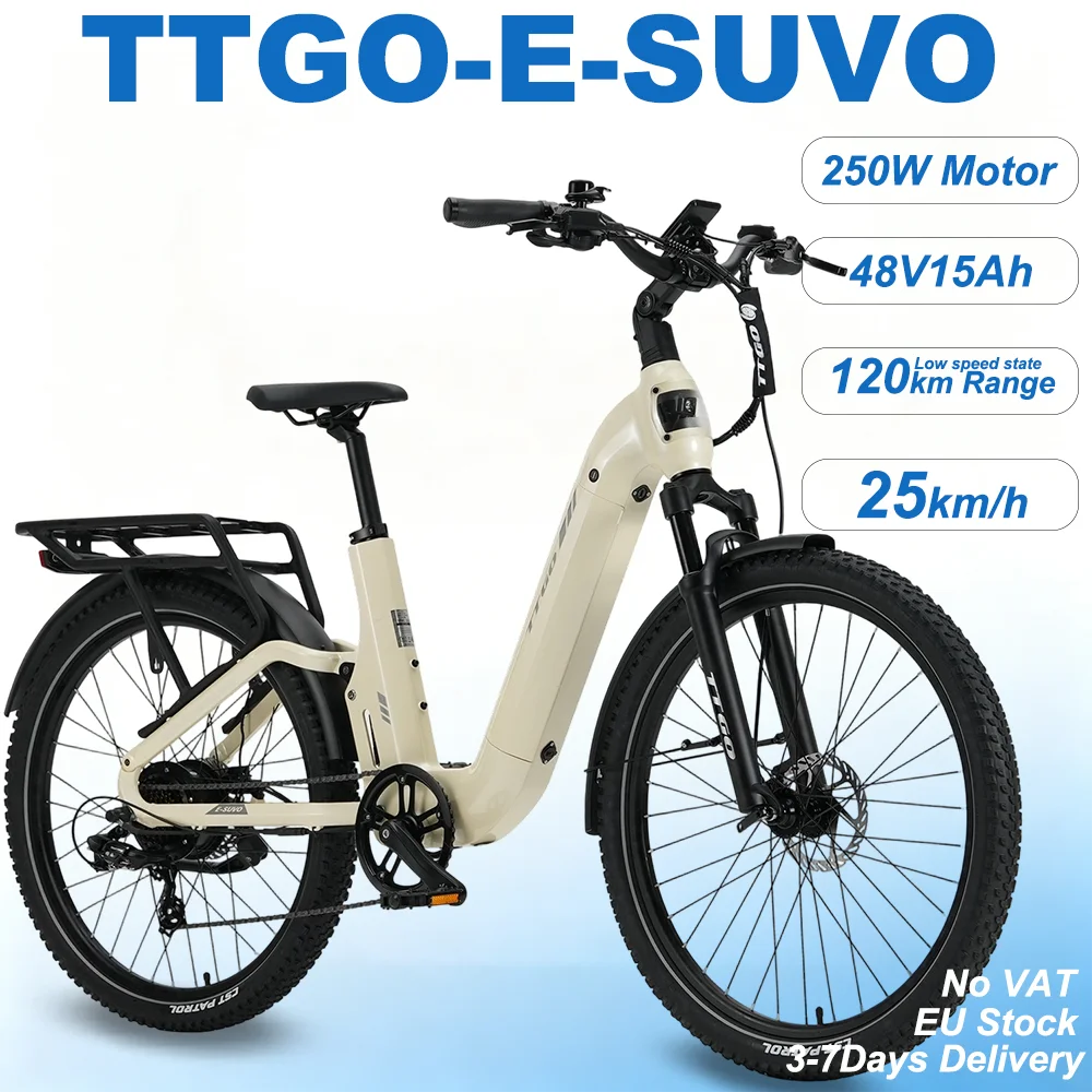 TTGO E-Suvo, Elektrofahrrad, 48V15Ah abnehmbarer Akku, 120 Max. Reichweite, 250W Motor, 25km/h, LCD Smart Instrument, Aluminium-Federgabel, 27*2,4 Zoll Reifen, für Pendler, Damen-E-Bike für Erwachsene