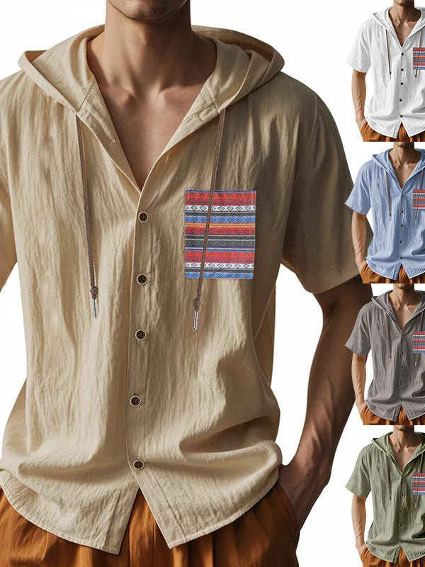 

Linen Hooded ort Sve irt Breathable Loose Fit Summer Casual Wear Comfortable Linen Blend Thin Material Floral Print