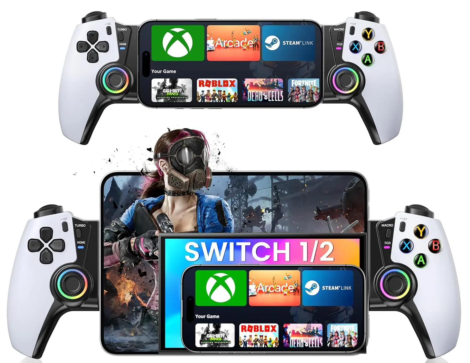 

Беспроводной мобильный игровой контроллер для iPhone, Android, Switch, iPad с джойстиком Hall, поддержкой LED, Xbox, Steam, GeForce Now