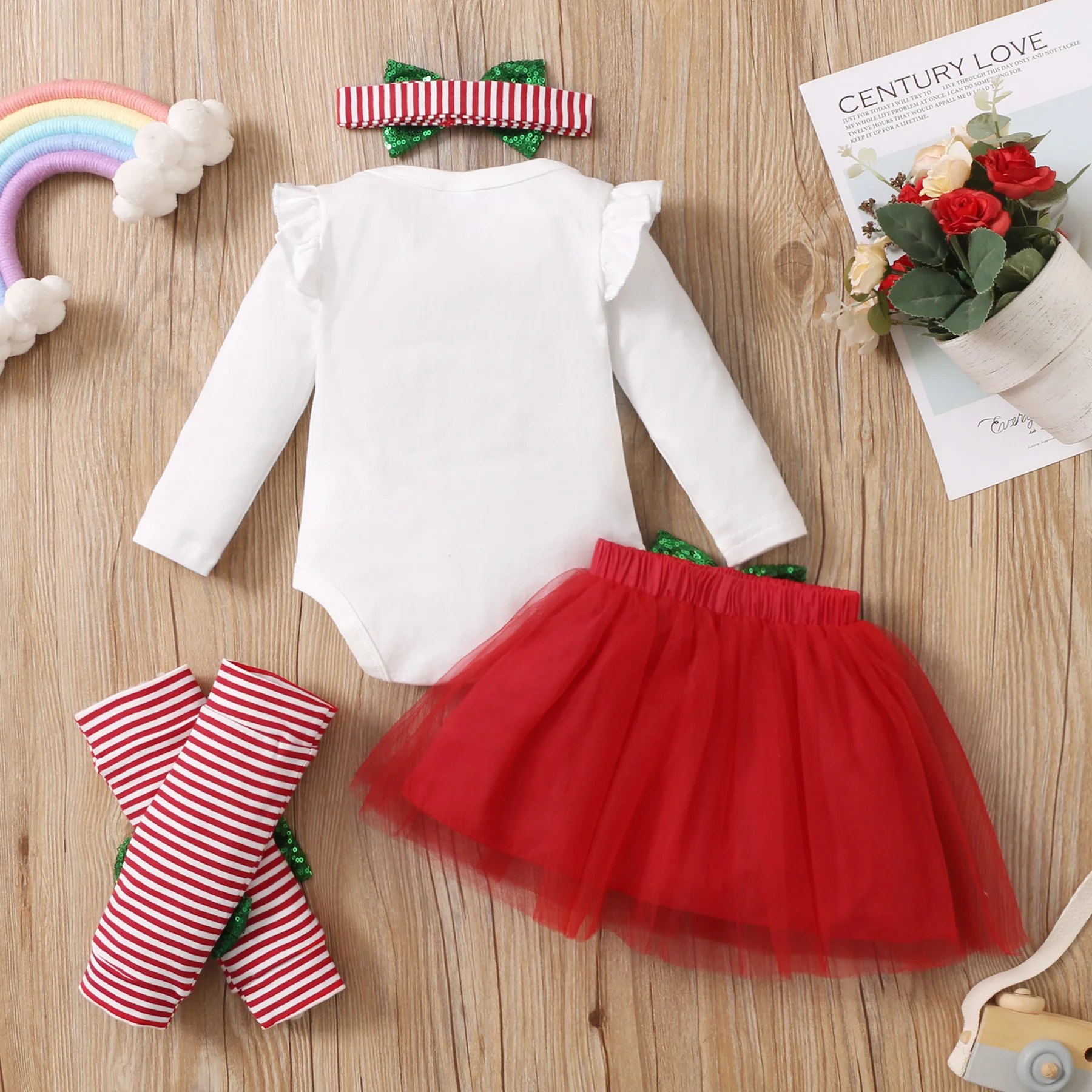 Baby Girl The First Christmas 4PCS Outfit Set Long Sleeves Romper+Mesh Skirt+Socks+Headband Fashion Festival Costume for Infant