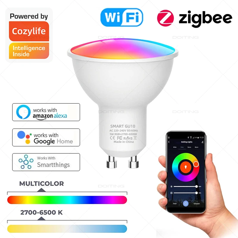 GU10 Zigbee LED Bulbs Wifi Smart LED Lamp RGBCW LED Light Spotlights Works With Alexa Google Smartthings 110V 220V Voice Control