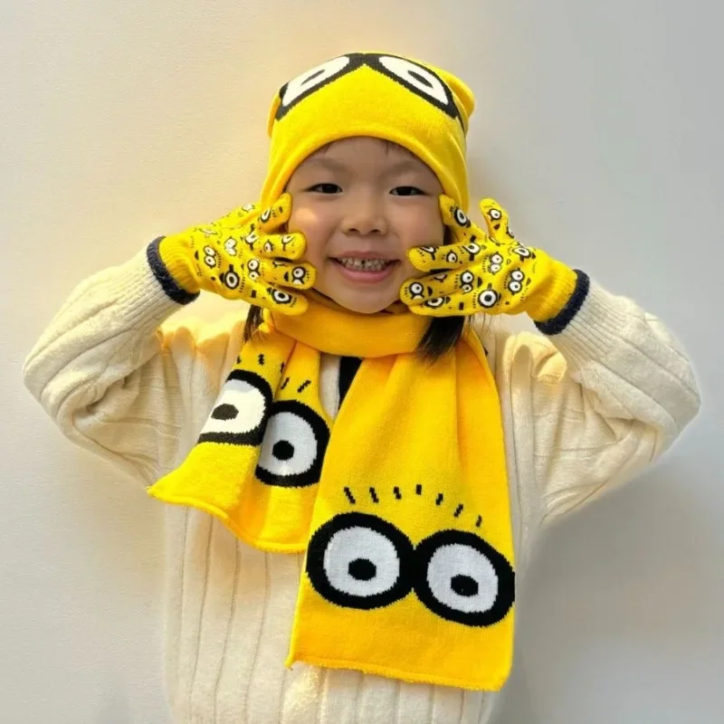 2Pcs Minionsed Winter Knitted Wool Hats Warm Ear Protection Beanie Cute Hat Gloves Scarf Set Outdoor Ski & School Commute Therma view 3