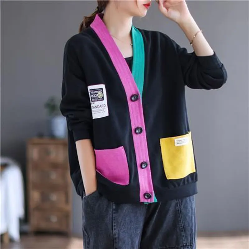 Female V-Neck Cardigan Stylish Streetwear Single-breasted Casual Solid Color Patchwork Contrasting Colors Autumn Winter Sweaters