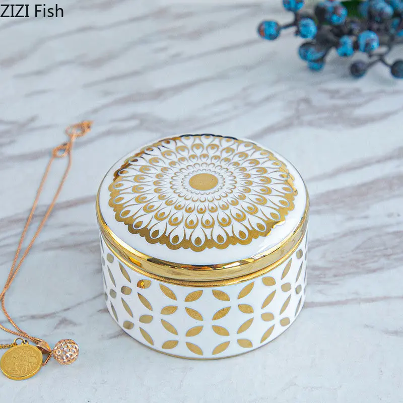 Gold Plated Pattern Storage Tank Tea Canister Minimalist Round Ceramic Storage Jar and Lids Candy Pots Porcelain Jewelry Box