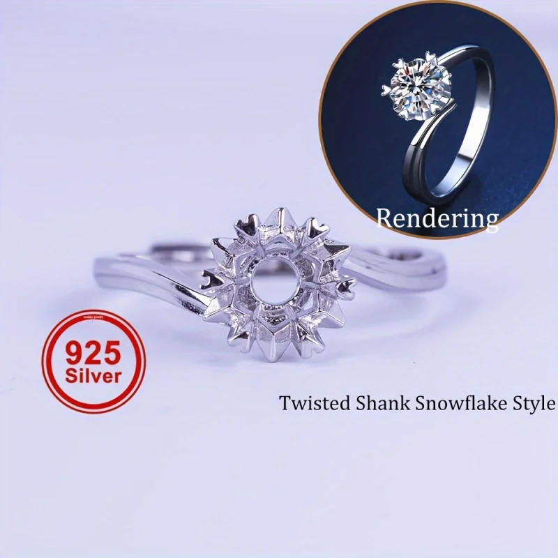 1 Carat Twisted Snowflake Style Moissanite Ring Setting, S925 Sterling Silver Ring Base, Suitable For Inlaying 6.5mm Moissanite