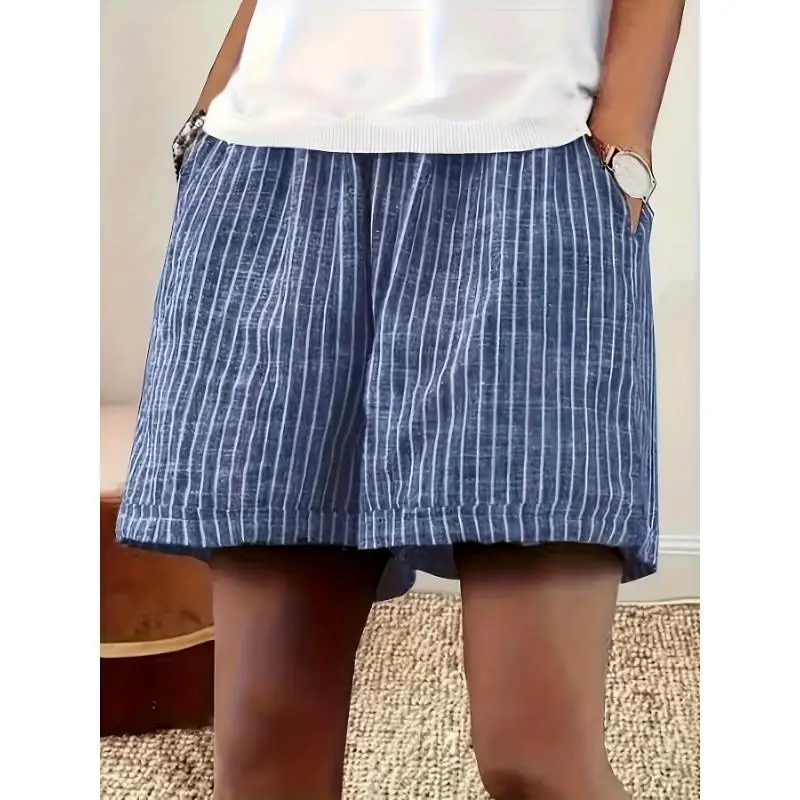 Shorts femininos casuais de algodão e linho, listrados, de cintura alta, para lazer, primavera, verão, moda plus size, roupas...