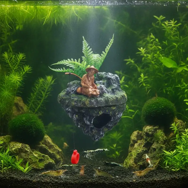Aquarium-Schwimminsel-Dekoration, Realistische Anglerstatue, Miniatur-Kunstlandschafts-Ornament für Aquaristen – Detail 20