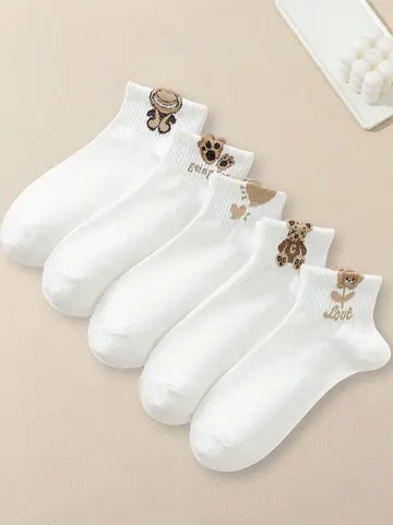 5/10/20 Pairs Women Cartoon Teddy Bear Patterned Ankle Socks Versatile Fashionable Creative Breathable Comfortable Casual Socks