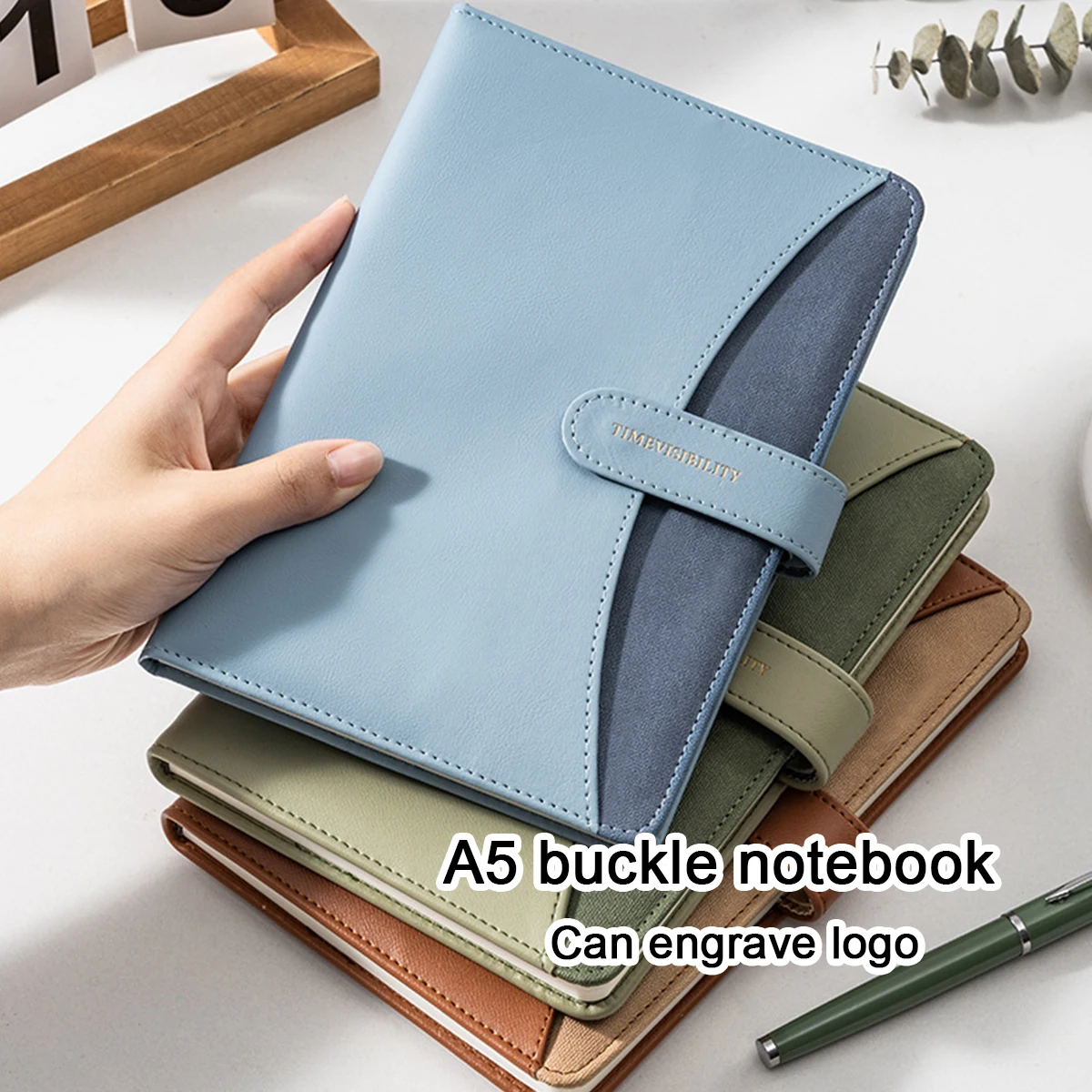 (Can Engrave Logo) A5 Leather Business Notebook, Diary, Buckle Work Notepad, Meeting Record Book, Student Subject Notes, Excerpt