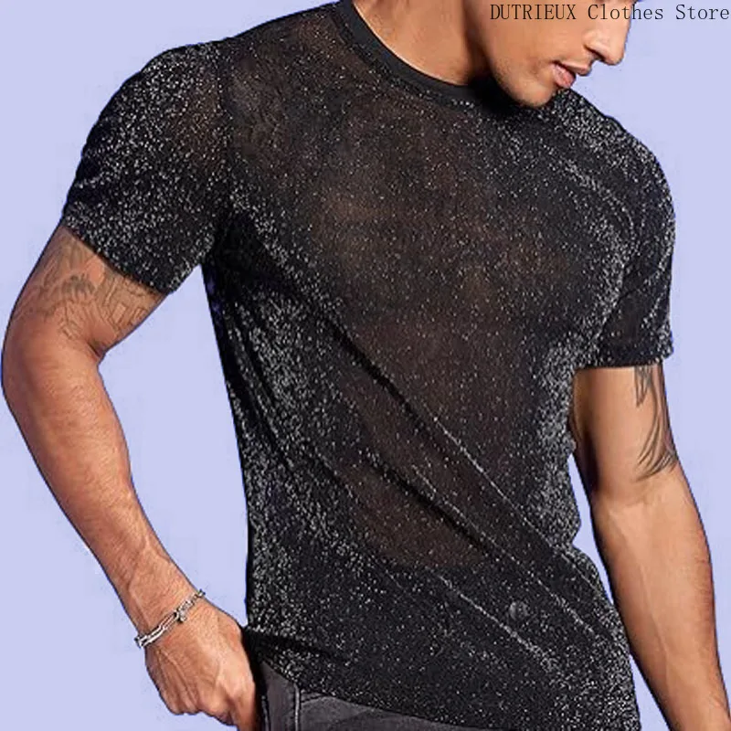 

Summer 2025 Men's Sparkling Tops, See-through Nightclub Trendy and Sexy Round-neck T-shirts, Attracting Men's Wear At Parties