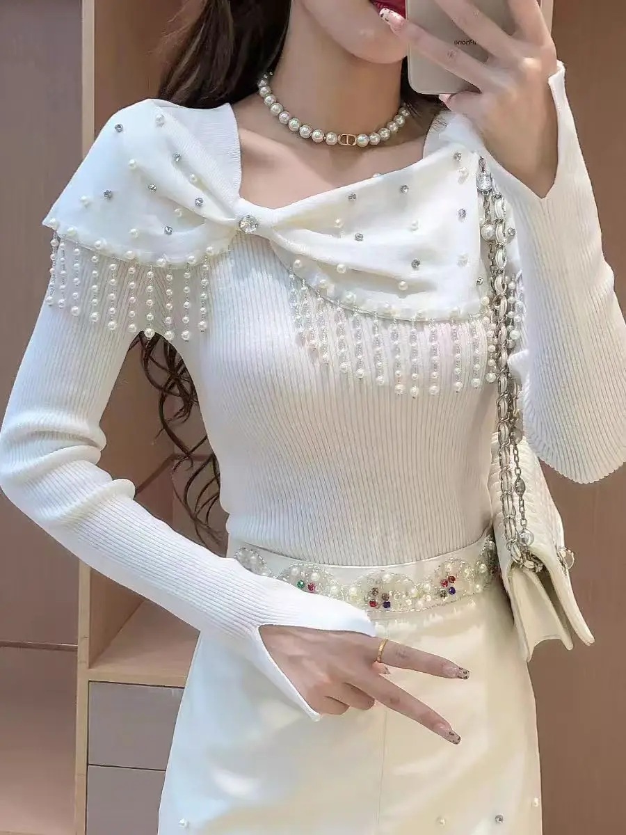 New In Pearls Beading Tassel Sweater 2024 Autumn Knitted Slim Fitting Pullover For Women Long Sleeve Sweater